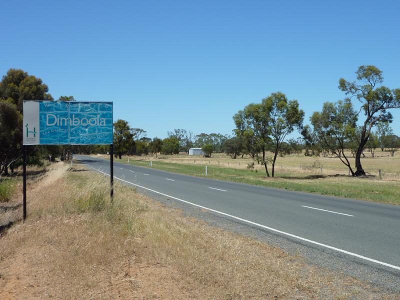 Dimboola - Western Highway, north-west of Dimboola - Dimboola town sign, view south-west along Nhill Rd near Western Hwy