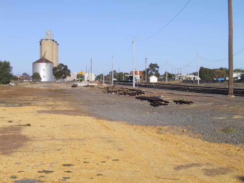 Donald - Around Donald: View south-east along railway line towards station and silos from Borung Hwy