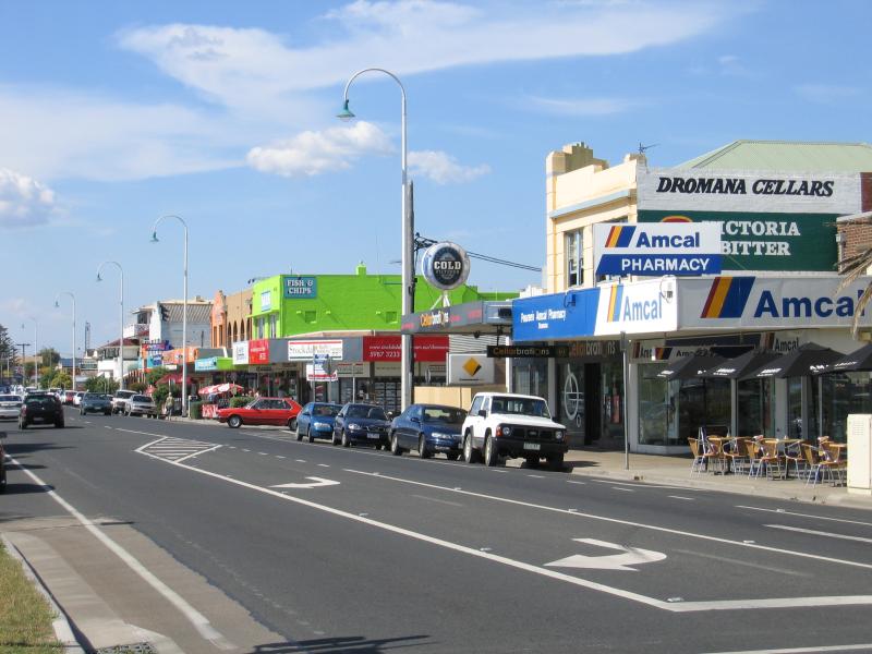 Dromana - Shops and commercial centre, Point Nepean Road: View north-east along Point Nepean Rd between Pier St and Beach St