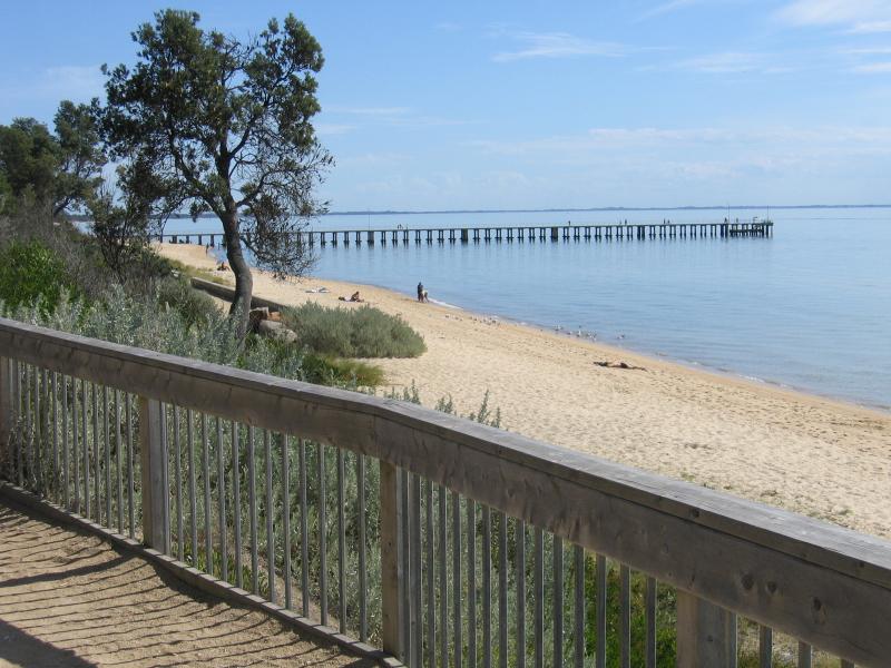 Dromana - Coast near Dromana Pier and Dromana Foreshore Reserve: View south-west towards Dromana Pier from toilets near Kangerong Av