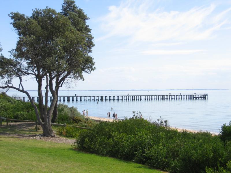 Dromana - Coast near Dromana Pier and Dromana Foreshore Reserve: View south-west towards Dromana Pier from near Carrigg St
