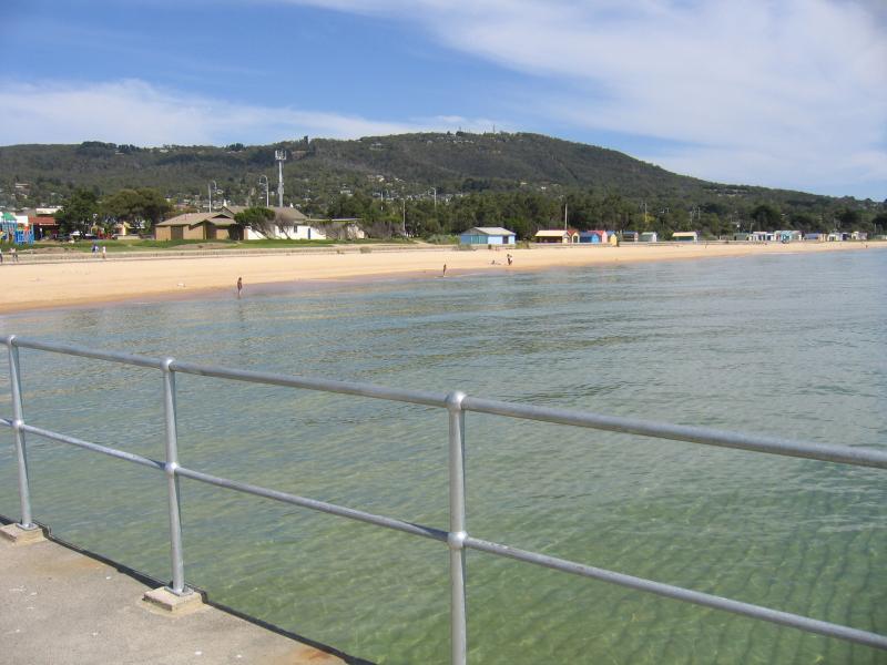 Dromana - Coast near Dromana Pier and Dromana Foreshore Reserve: View from Dromana Pier, south-west along coast towards Arthurs Seat