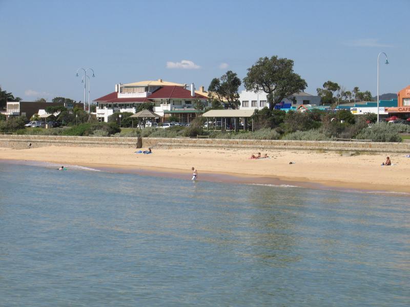 Dromana - Coast near Dromana Pier and Dromana Foreshore Reserve: View from Dromana Pier, north-east towards Dromana Hotel