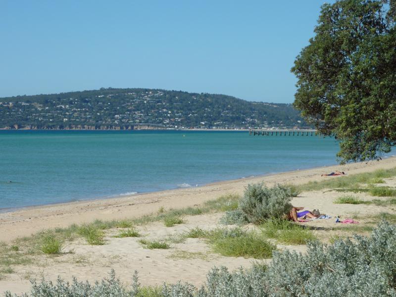 Dromana - Beach and foreshore around Latrobe Parade and information centre: View north-east across beach towards Mount Martha