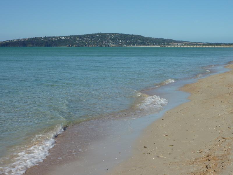 Dromana - Beach and foreshore around Latrobe Parade and information centre: View north-east along beach towards Mount Martha