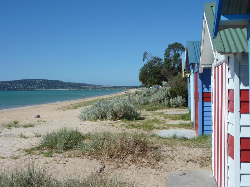 Dromana - Beach and foreshore around Latrobe Parade and information centre: View north-east along beach at bathing boxes