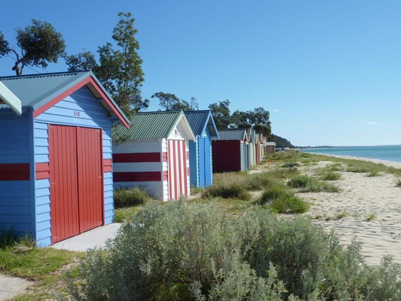 Dromana - Beach and foreshore around Latrobe Parade and information centre: View south-west along beach at bathing boxes