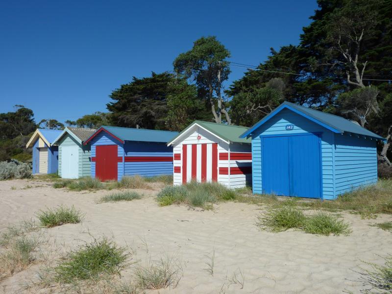 Dromana - Beach and foreshore around Latrobe Parade and information centre: Bathing boxes fronting beach