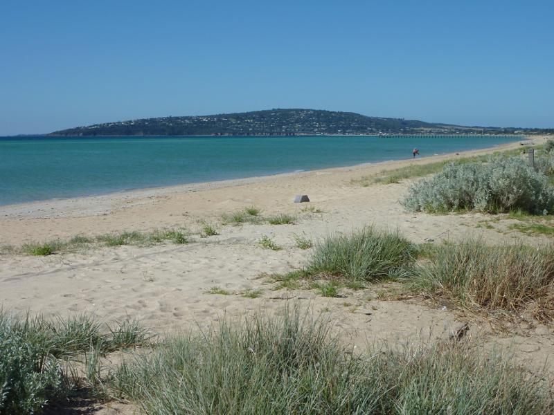 Dromana - Beach and foreshore around Latrobe Parade and information centre: View north-east along beach towards Mount Martha