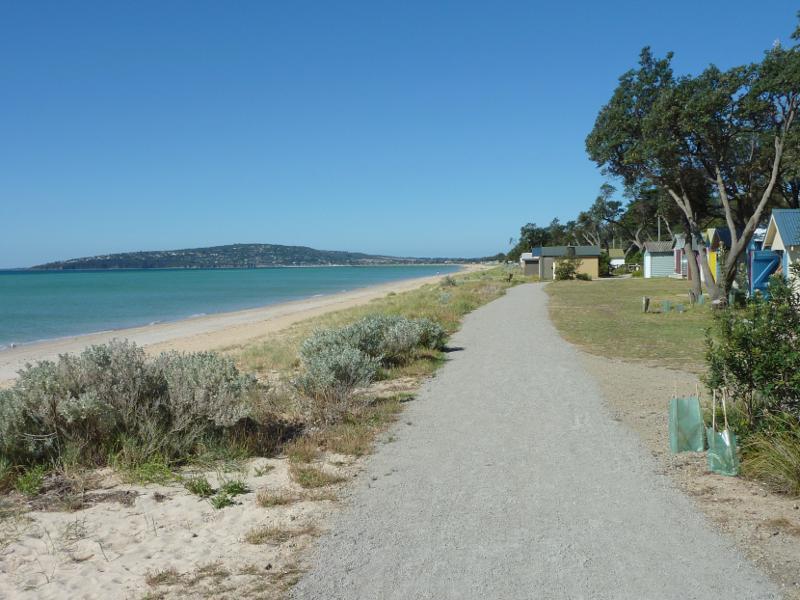 Dromana - Beach and foreshore around Latrobe Parade and information centre: View north-east along foreshore walking track