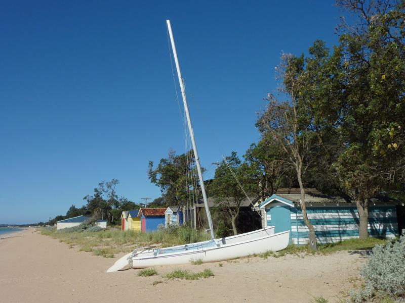 Dromana - Beach and foreshore around Latrobe Parade and information centre: Catamaran on the beach