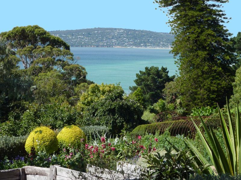 Dromana - Heronswood, Latrobe Parade: View from garden near entrance towards the bay and Mount Martha