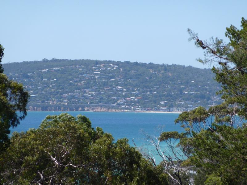 Dromana - Heronswood, Latrobe Parade: View across bay towards Mount Martha from food production garden