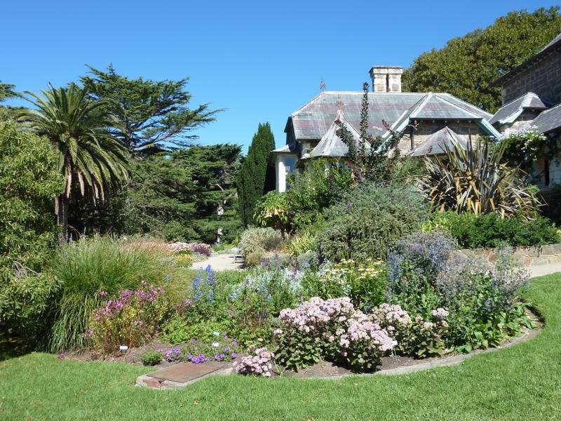 Dromana - Heronswood, Latrobe Parade: Summer perennial gardens along side of house