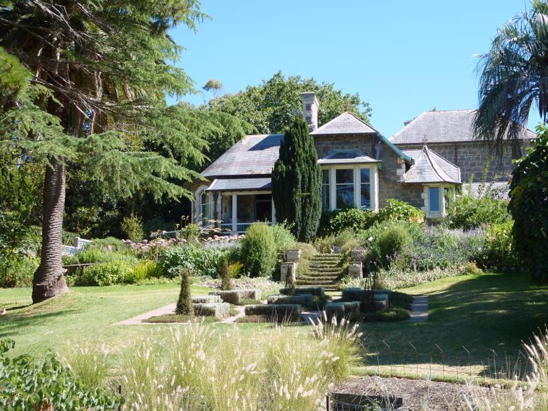 Dromana - Heronswood, Latrobe Parade: Summer perennial gardens along side of house near duck pond