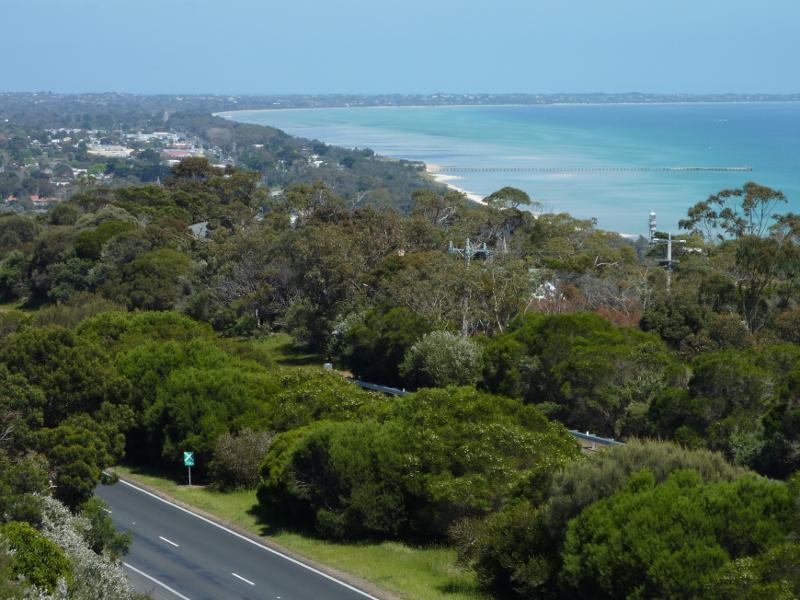 Dromana - Latrobe Parade at Matthew Flinders Bridge over Mornington Peninsula Freeway: Westerly view towards Rosebud Pier