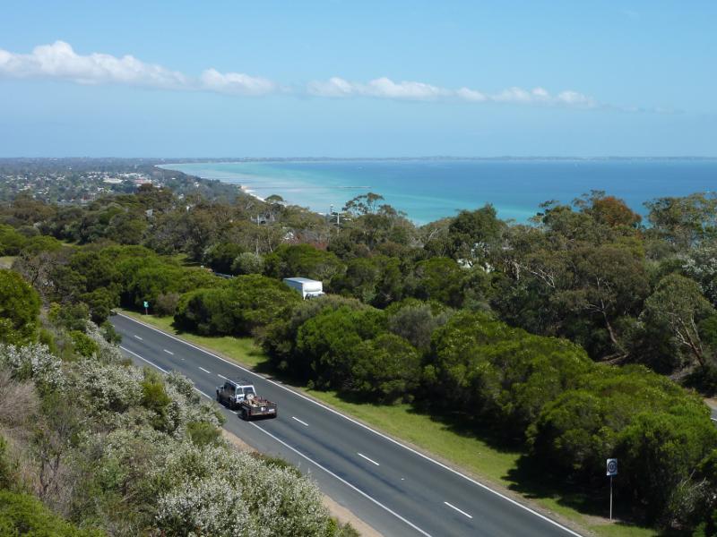 Dromana - Latrobe Parade at Matthew Flinders Bridge over Mornington Peninsula Freeway: Westerly view across bay