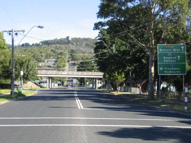 Dromana - McCulloch Street: View south along McCulloch St towards Mornington Peninsula Freeway overpass