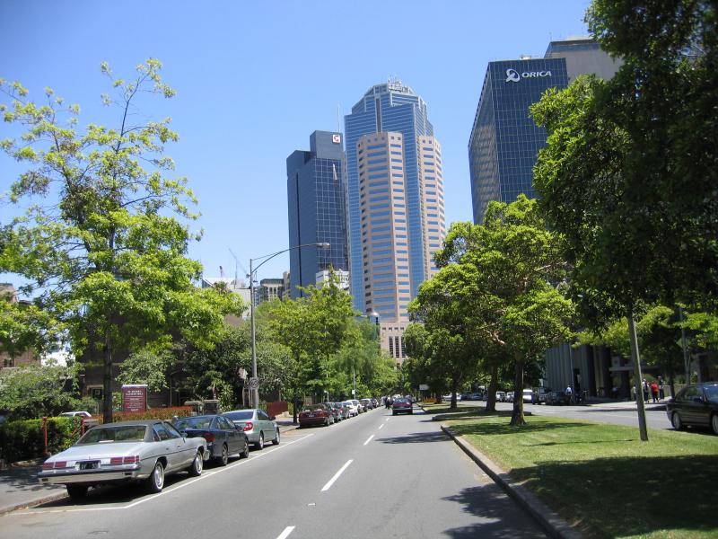 East Melbourne - St Patricks Cathedral, Albert Street, and surrounds: View west along Albert St at Gisborne St