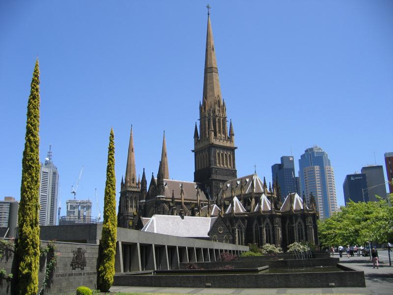 East Melbourne - St Patricks Cathedral, Albert Street, and surrounds: St Patricks Cathedral, viewed from near corner of Albert St and Lansdowne St