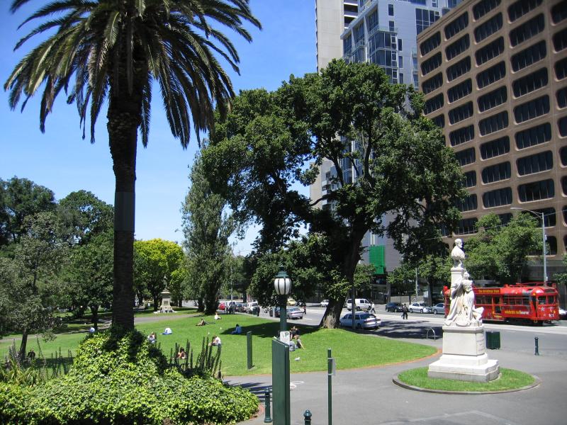 East Melbourne - Treasury Gardens, Spring Street and Wellington Parade: View south along Spring St at Treasury Place