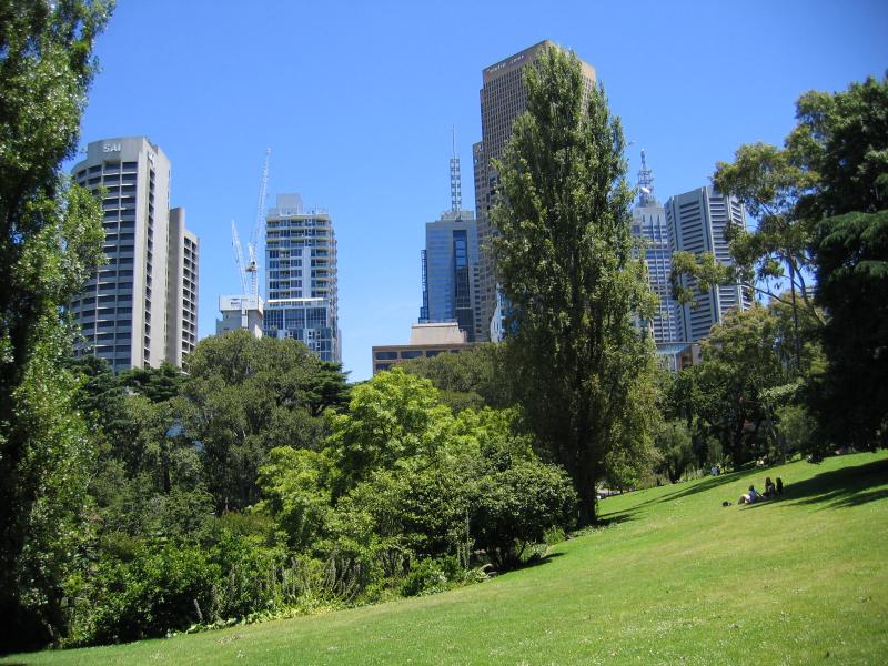 East Melbourne - Treasury Gardens, Spring Street and Wellington Parade: View of city skyline