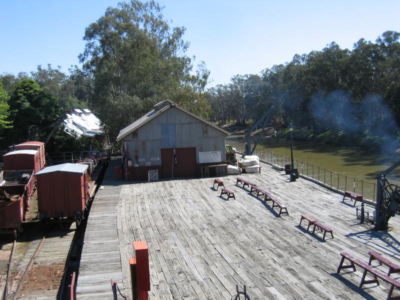 Echuca - The historic Port of Echuca: View north along wharf and Murray River