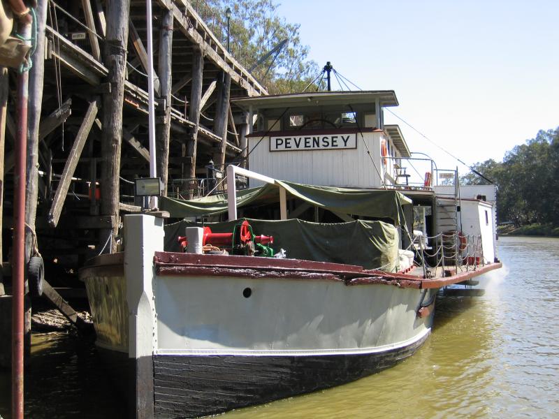 Echuca - The historic Port of Echuca: The Pevensey, as featured in the mini-series 'All The Rivers Run', moored at the wharf