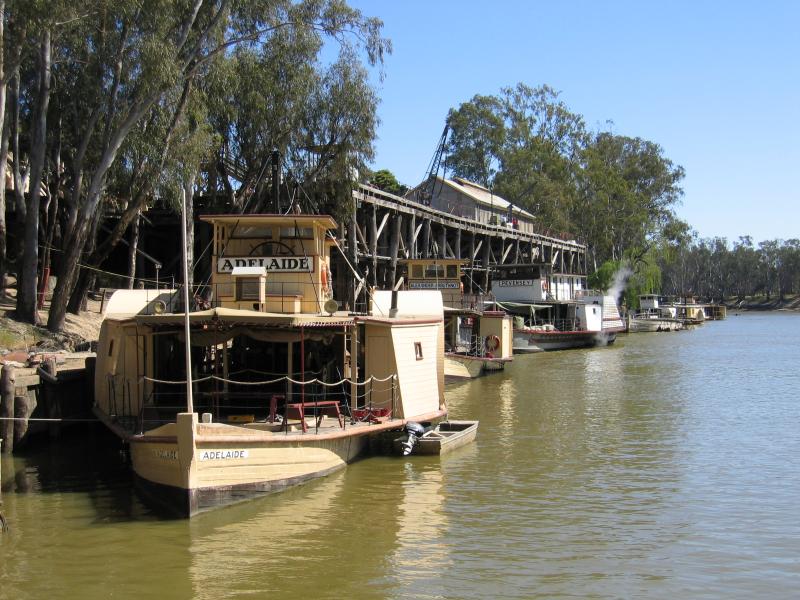 Echuca - The historic Port of Echuca - View of the wharf and steamboat Adelaide