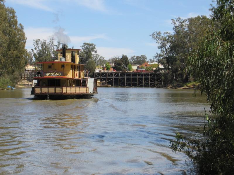 Echuca - The historic Port of Echuca: View towards wharf from beach along Murray River at Moama N.S.W.