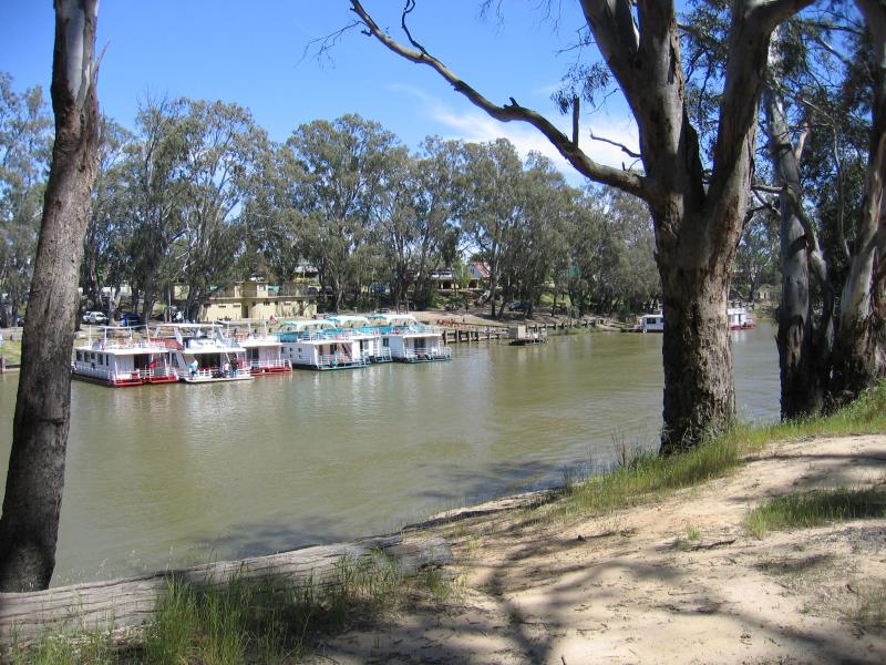 Echuca - The historic Port of Echuca: View across Murray River to boat moorings at Echuca, from slipway off Hunt St, Moama N.S.W.