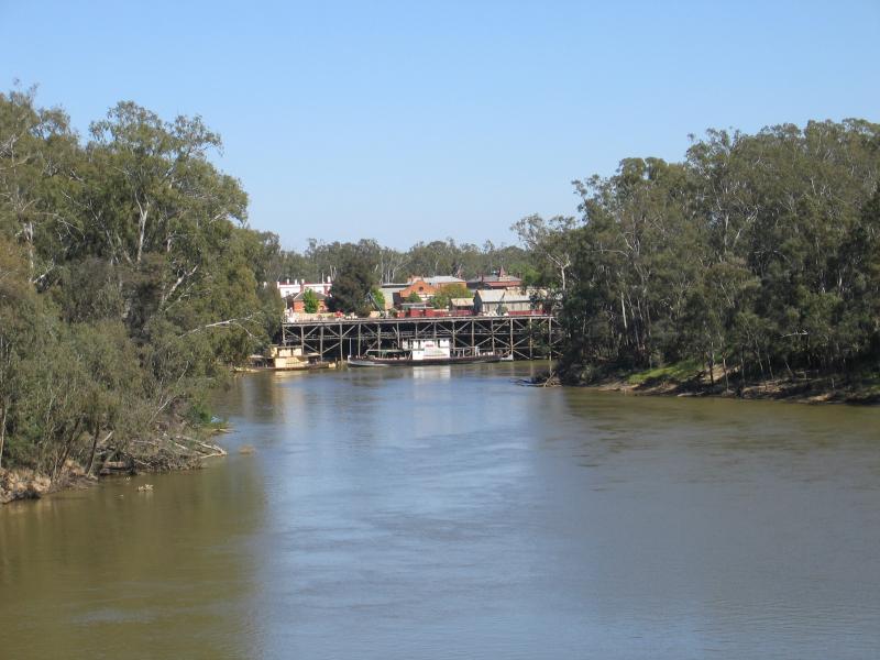 Echuca - Aquatic Reserve and Murray River bridge - View east along Murray River to wharf from bridge on Cobb Highway