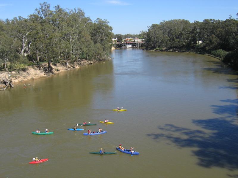 Echuca - Aquatic Reserve and Murray River bridge - Canoes on the Murray River viewed from bridge on Cobb Highway