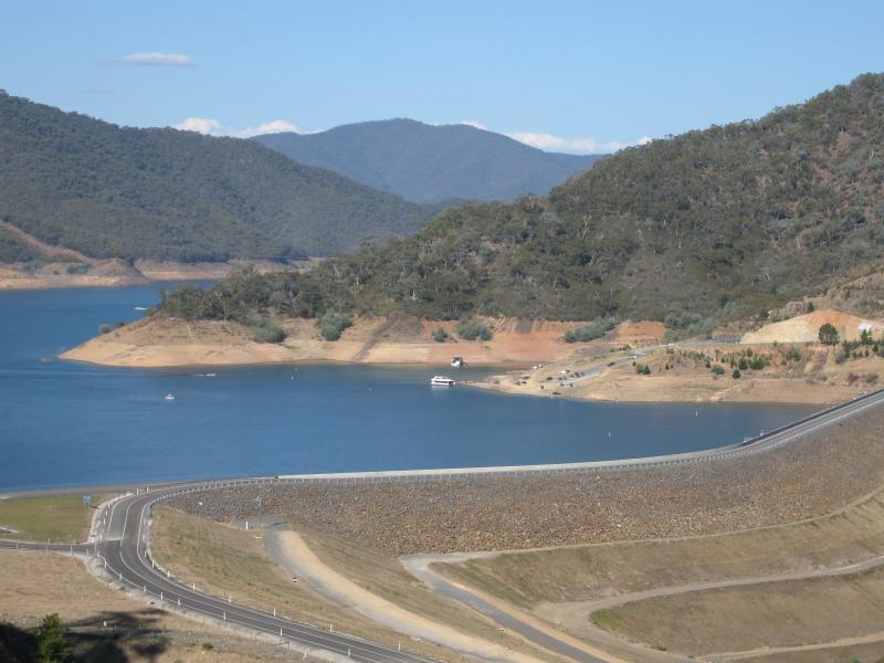 Eildon - Easts Lookout, Tank Hill Road: View south-west across dam wall towards Point Dethridge