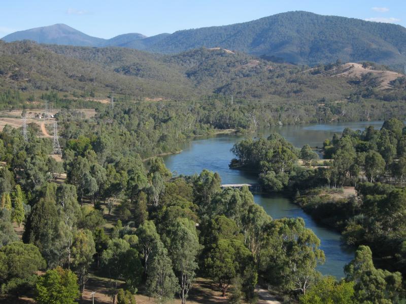 Eildon - Western end of dam wall on Lake Eildon: View south along waterway near power station