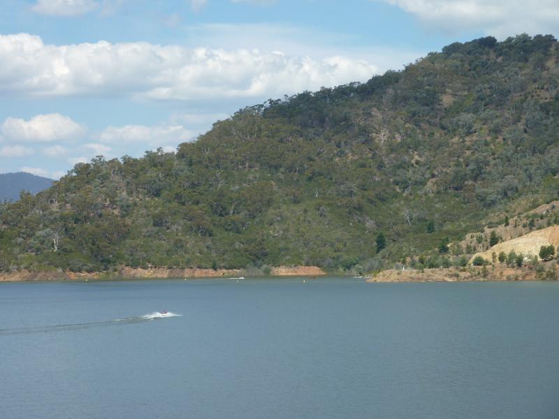 Eildon - Western end of dam wall on Lake Eildon: Easterly view towards Point Dethridge