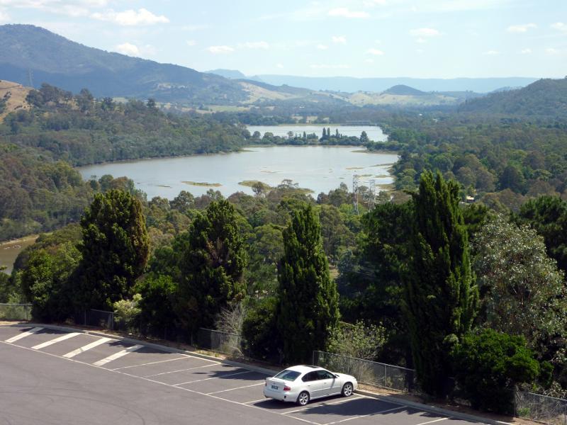 Eildon - Eastern end of Lake Eildon dam wall and lookout: South-westerly view from lookout towards pondage