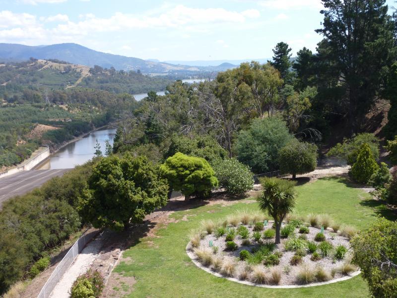 Eildon - Spillway, Embankment Road: View south-west through gardens along west side of spillway