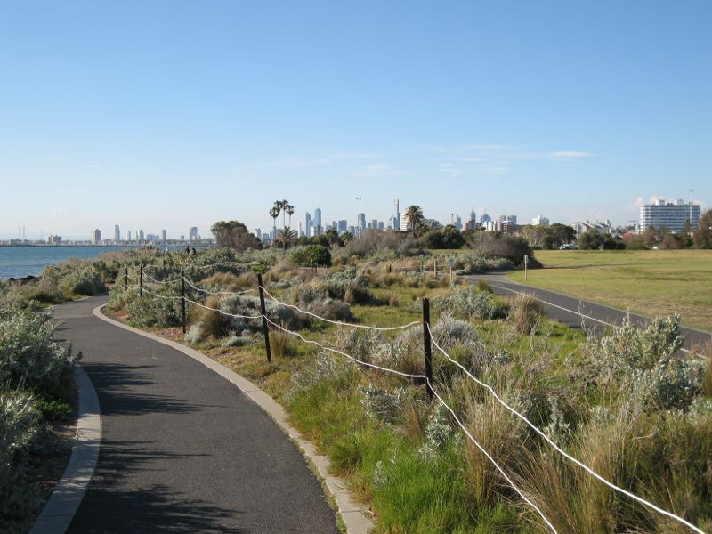 Elwood - Coastal reserve around Elwood Canal: View north along coastal pathway through M.O. Moran Reserve