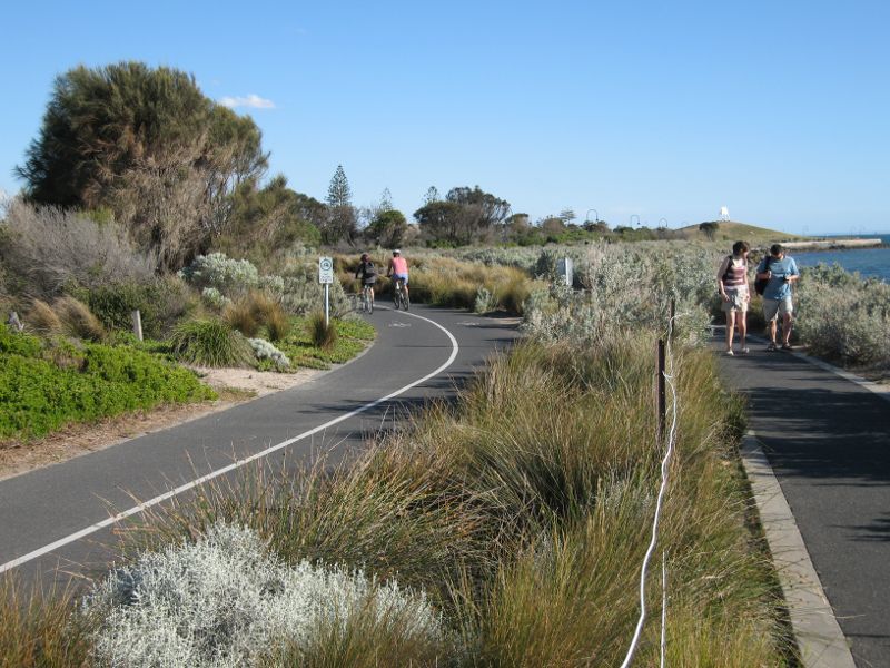 Elwood - Coastal reserve around Elwood Canal: View south along coastal pathway through M.O. Moran Reserve