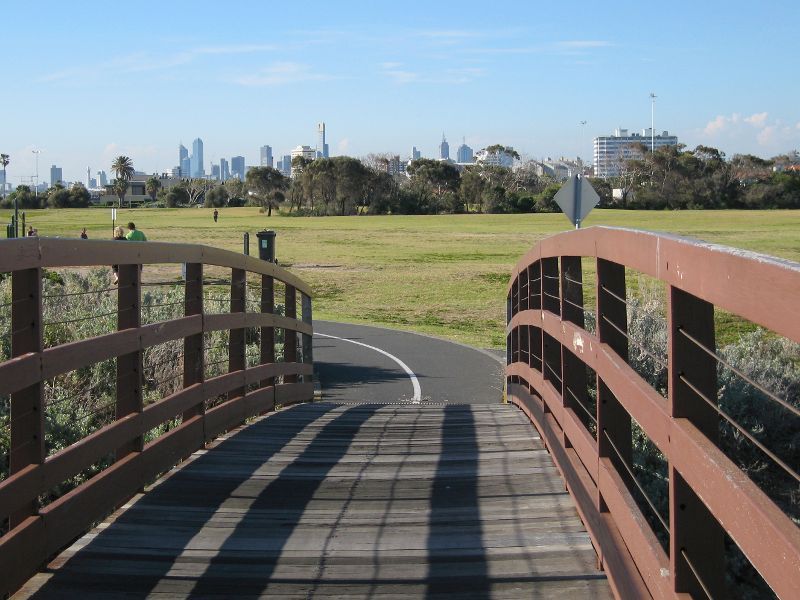 Elwood - Coastal reserve around Elwood Canal: Northerly view through M.O. Moran Reserve from footbridge over canal