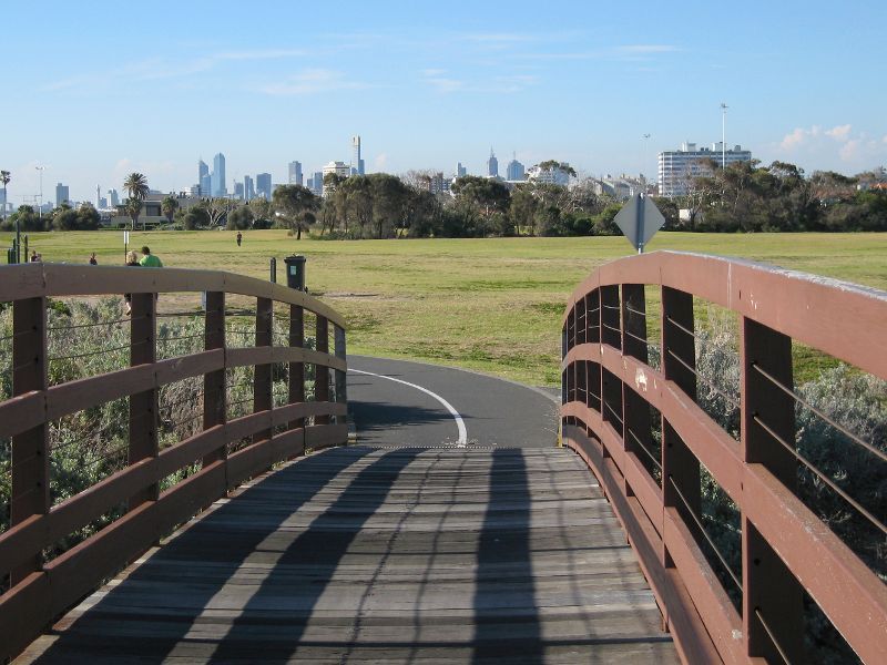 Elwood - Coastal reserve around Elwood Canal - Northerly view through M.O. Moran Reserve from footbridge over canal