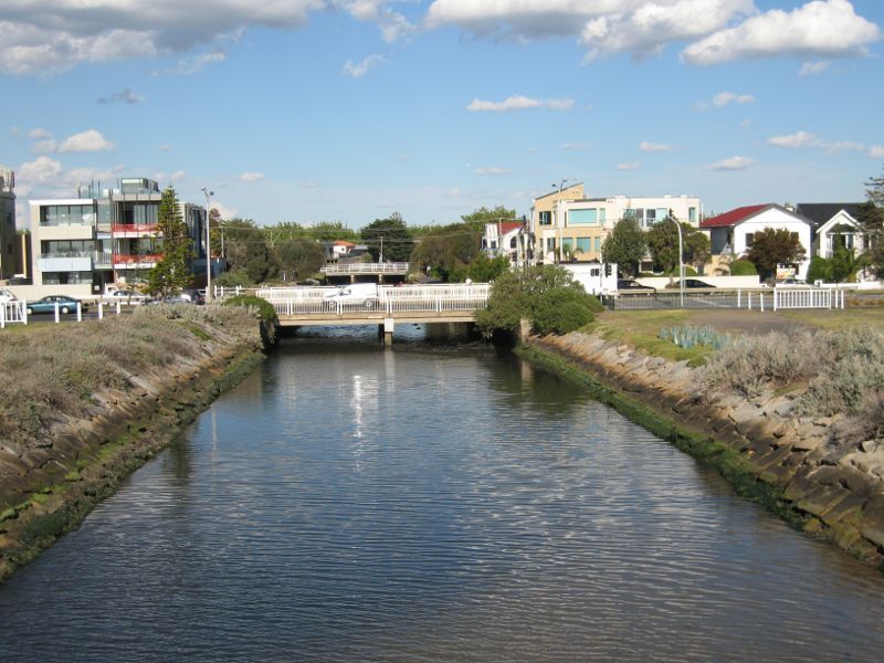 Elwood - Coastal reserve around Elwood Canal - View east along canal from footbridge