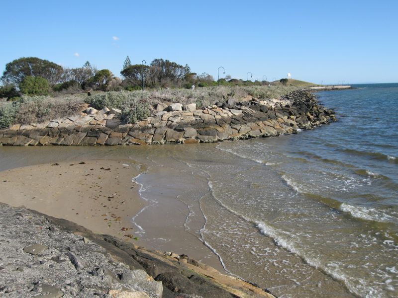 Elwood - Coastal reserve around Elwood Canal: View south along coast at mouth of canal