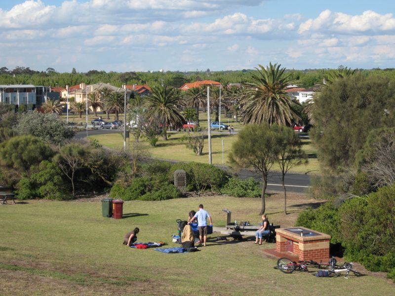 Elwood - Point Ormond Reserve and lookout at Point Ormond Hill: North-easterly view from lookout towards BBQ area