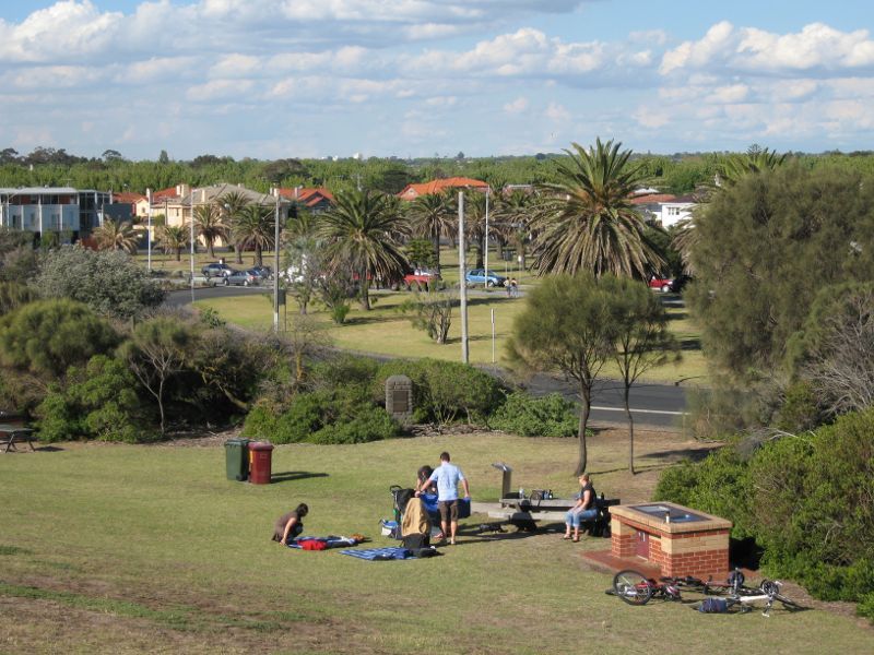 Elwood - Point Ormond Reserve and lookout at Point Ormond Hill - North-easterly view from lookout towards BBQ area