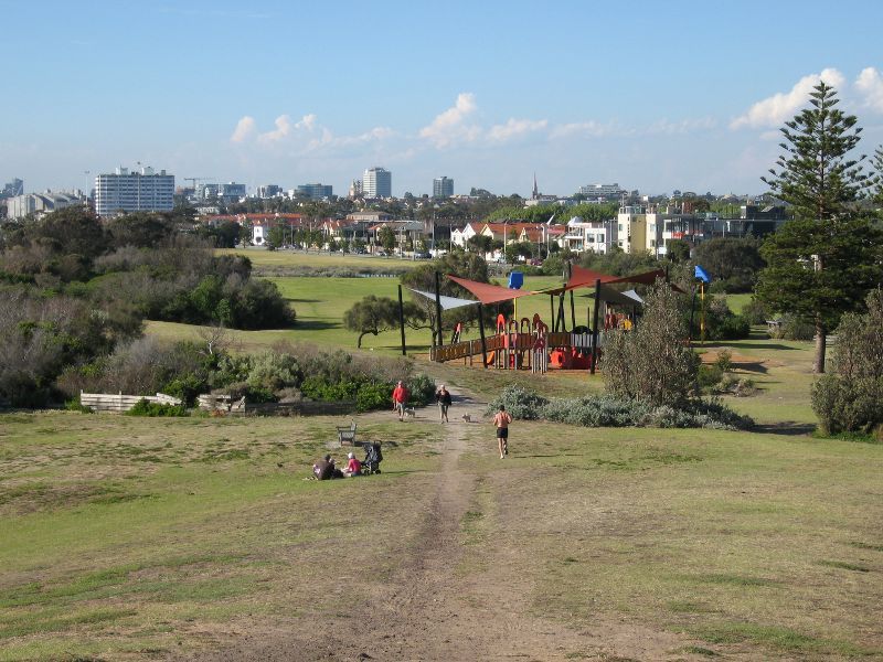 Elwood - Point Ormond Reserve and lookout at Point Ormond Hill - North-easterly view from lookout towards playground