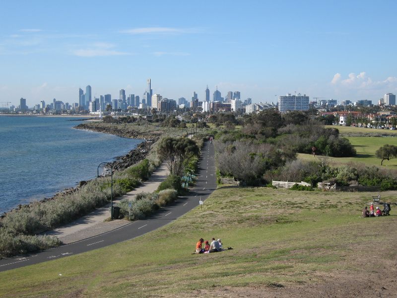 Elwood - Point Ormond Reserve and lookout at Point Ormond Hill - Northerly view from lookout along coast towards city skyline