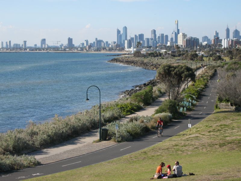 Elwood - Point Ormond Reserve and lookout at Point Ormond Hill - North-westerly view from lookout across bay towards city skyline