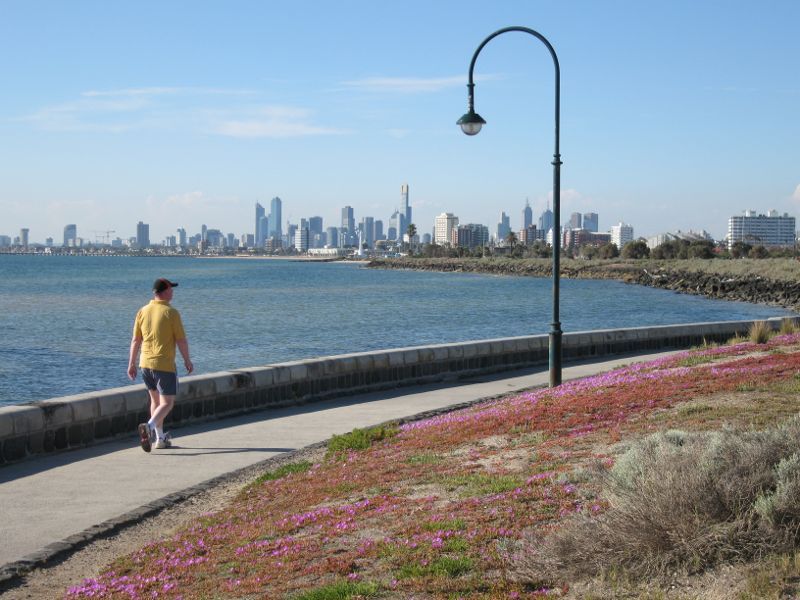 Elwood - Point Ormond Reserve and lookout at Point Ormond Hill: Northerly view towards city skyline from coastal path at base of Point Ormond Hill